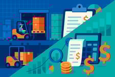 A split image in a cartoon style, with one half depicting a forklift loading boxes and pallets. The other side involves charts, graphs, and a calculator with dollar signs.