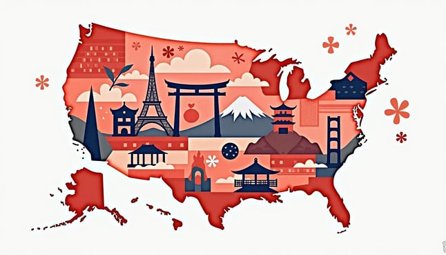 Map of America with Japanese-themed elements such as Pagodas, Lanterns, and Gates