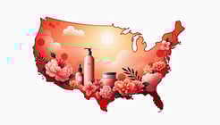 Map of the U.S. overlaid with tropical flowers and beauty bottles