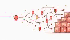 Illustration of different badges and crests pointing to one another through a network of arrows