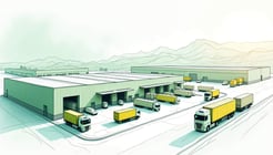 Warehouse Illustration With Many Trucks Exiting and Parking to Unload Goods at a Loading DOck