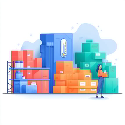 Illustrative image of warehouse with stacks of boxes in different colors and a temperature gauge implying temperature controlled areas.