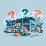 A warehouse illustration with multicolored boxes and question marks