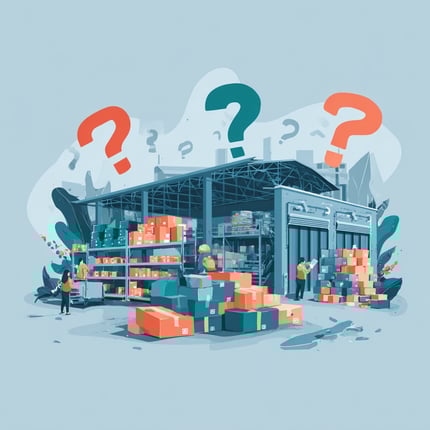 A warehouse illustration with multicolored boxes and question marks