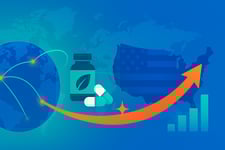 A globe with a large arrow pointing out of it toward a map of the U.S., with an icon of a pill bottle and pills suggesting international shipments.