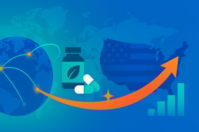 A globe with a large arrow pointing out of it toward a map of the U.S., with an icon of a pill bottle and pills suggesting international shipments.