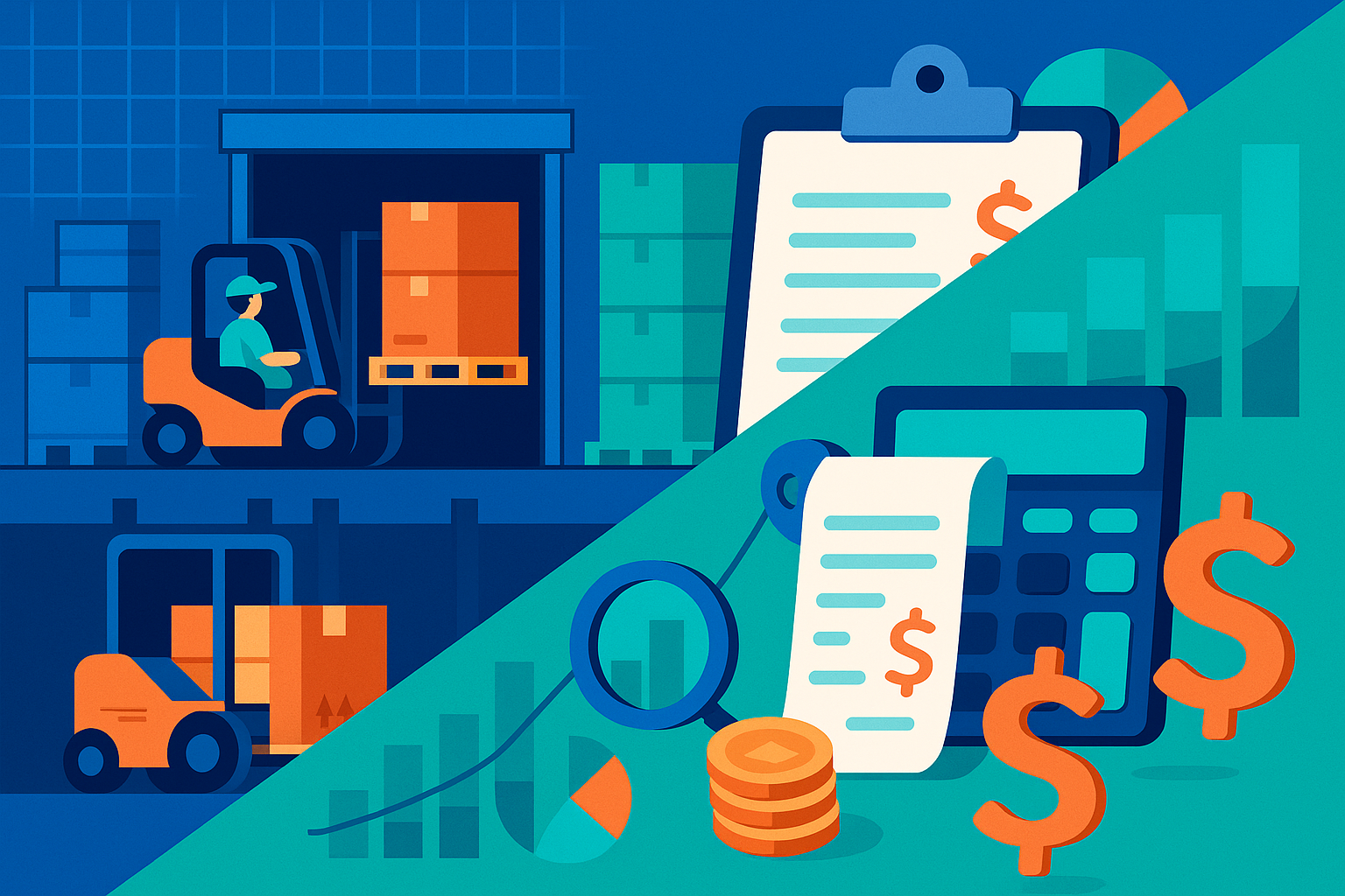 A split image in a cartoon style, with one half depicting a forklift loading boxes and pallets. The other side involves charts, graphs, and a calculator with dollar signs.