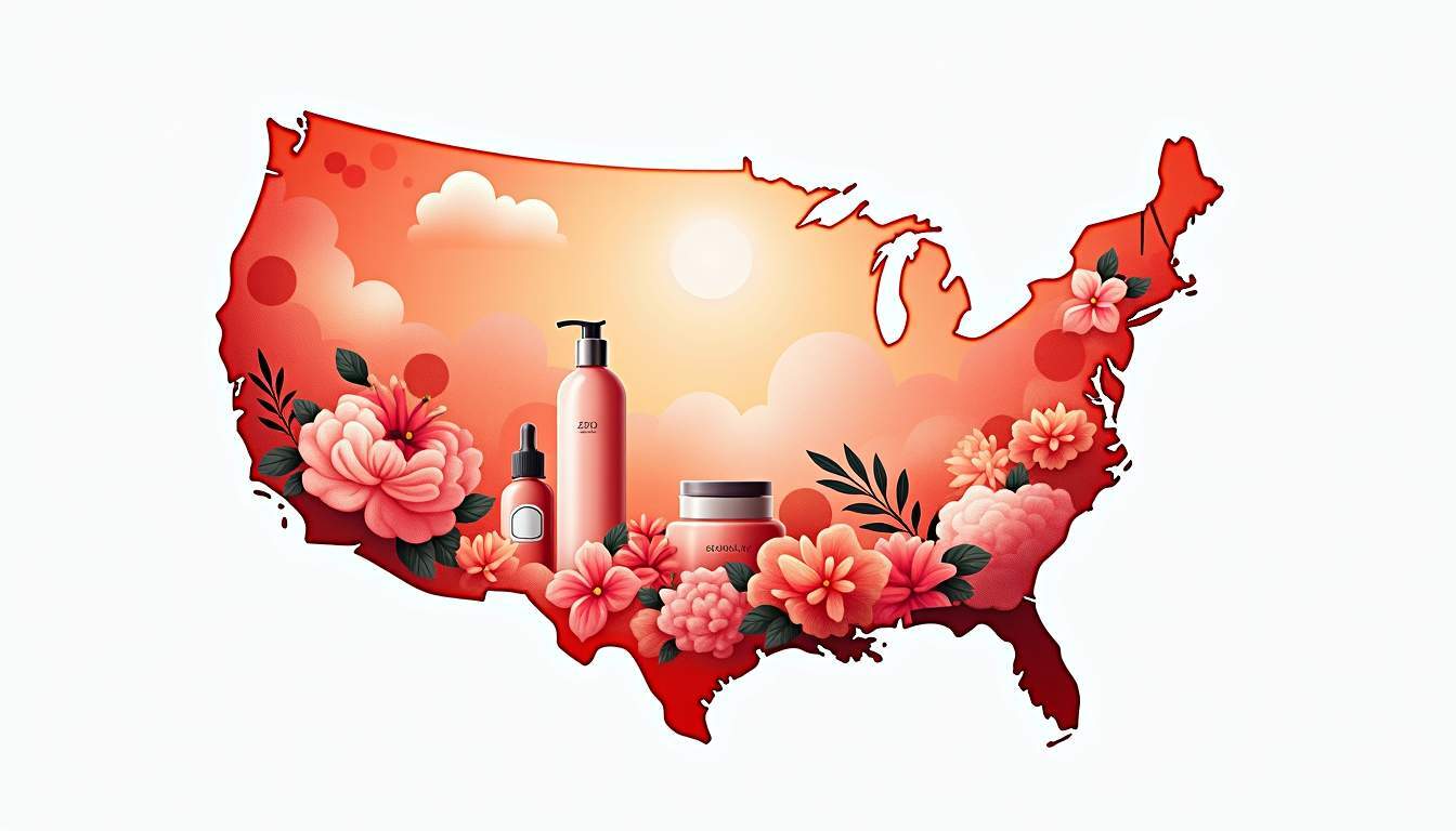 Map of the U.S. overlaid with tropical flowers and beauty bottles